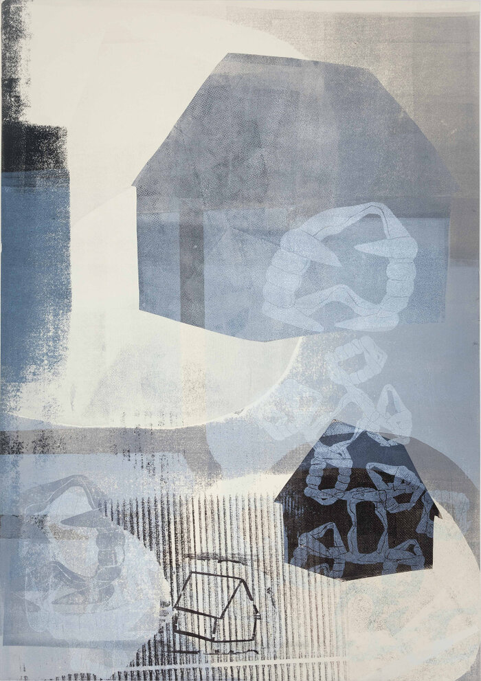 Werkaufenthalt Julia Weißflog - Ausstellung – Bild: Julia Weißflog, SU XVI, Experimenteller Druck aus Holz- und Linolschnitt und Materialdruck